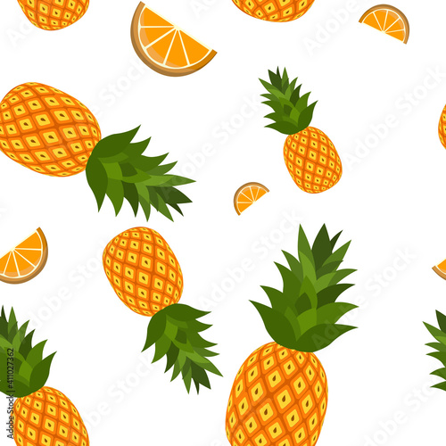 Pineapples and orange slices. Seamless pattern. Cartoon fruits on a white background.
