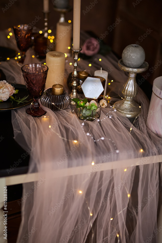 Romantic or Wedding dinner setup or Holiday table setting Romantic or Wedding dinner setup or Holiday table setting