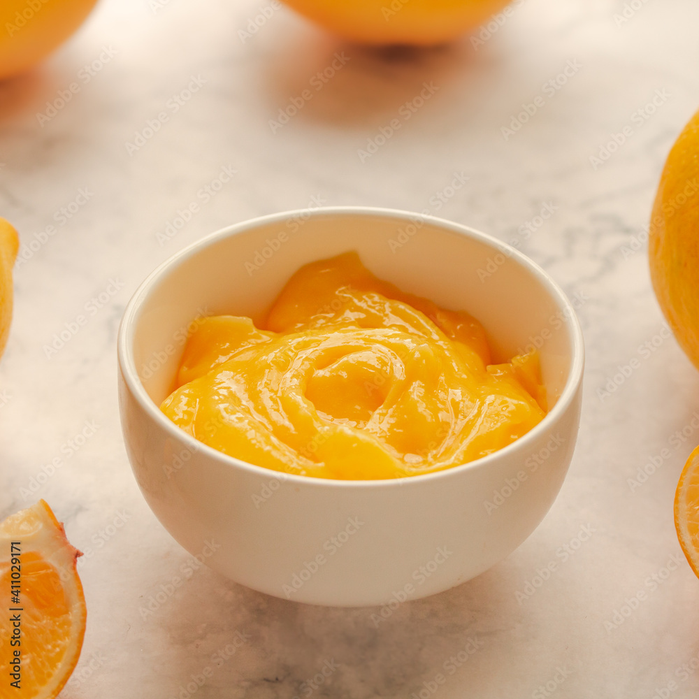 Homemade fresh pudding or tangy lemon curd in a white bowl.Selective focus Homemade fresh pudding or tangy lemon curd in a white bowl.Selective focus