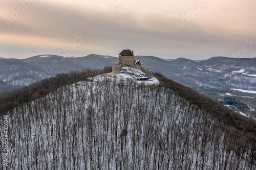Obraz na plátně Hungary - Castle of Regec (Regéc) in the Zemplen mountains from drone view