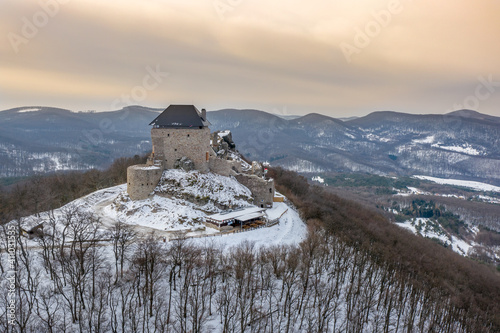 Hungary - Castle of Regec (Regéc) in the Zemplen mountains from drone view photo