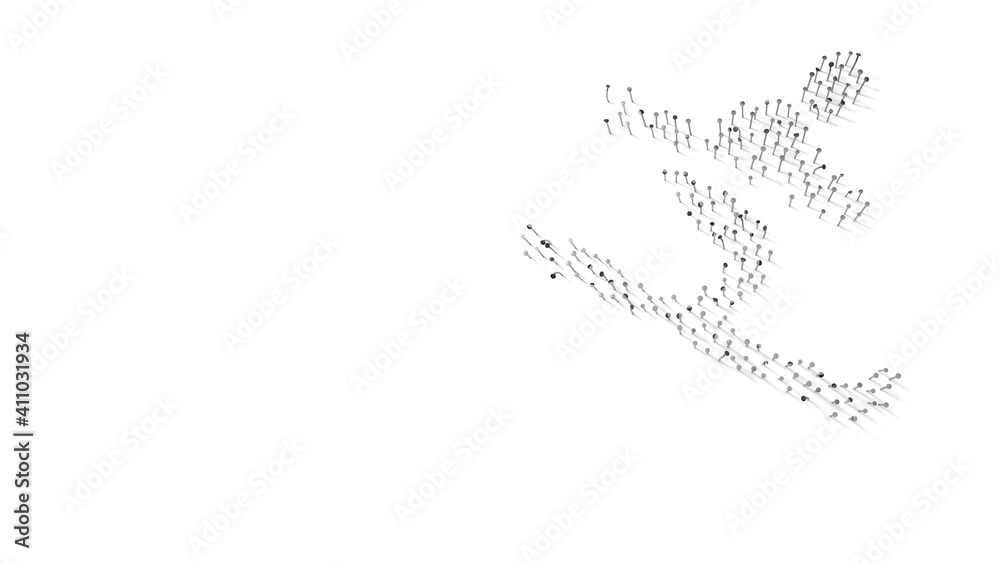 3d rendering of nails in shape of symbol of skiing with shadows isolated on white background