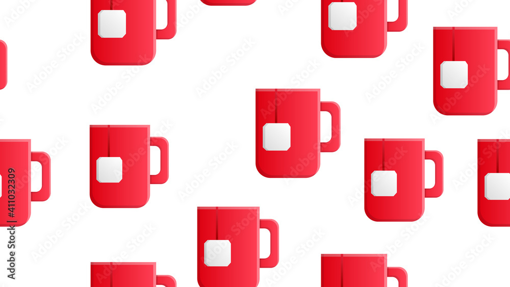 mug of red tea with a tea bag inside on a white background, illustration, pattern. tea with a disposable tea bag. wallpaper for coffee shop, kitchen, cafe decoration mug of red tea with a tea bag inside on a white background, illustration, pattern. tea with a disposable tea bag. wallpaper for coffee shop, kitchen, cafe decoration