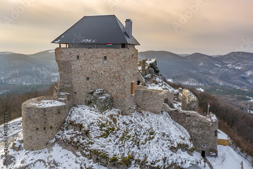 Hungary - Castle of Regec (Regéc) in the Zemplen mountains from drone view photo