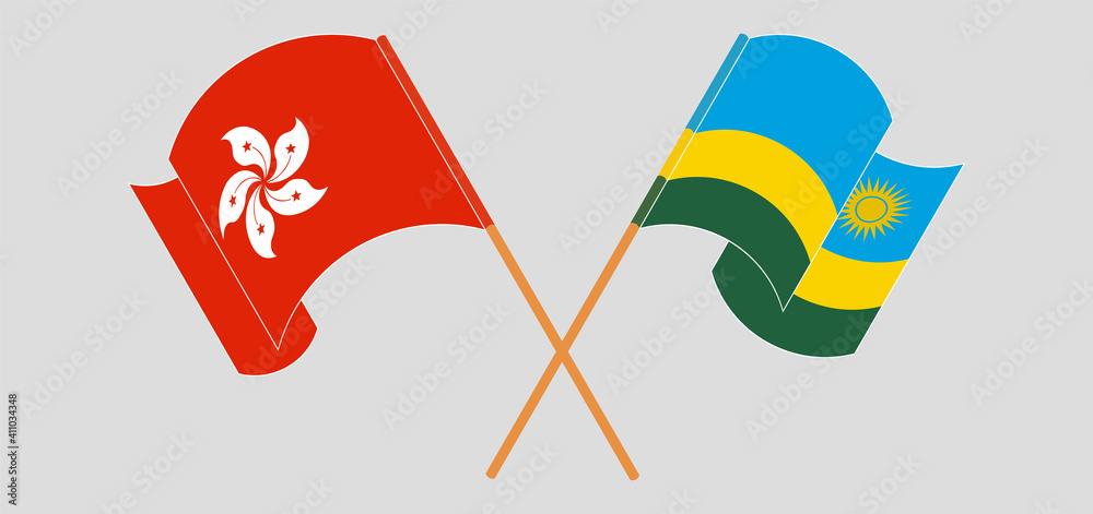 Crossed and waving flags of Hong Kong and Rwanda Crossed and waving flags of Hong Kong and Rwanda