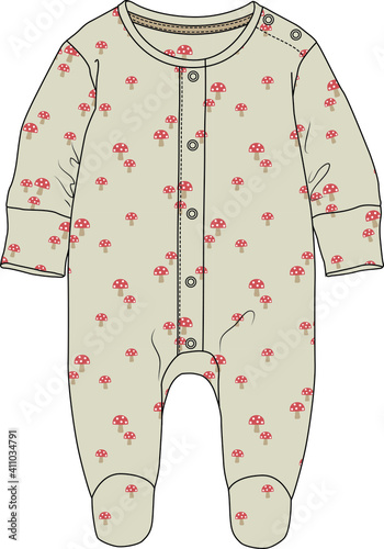 Baby Romper design. Baby clothes Flat Sketch. vector illustration. Nature and camping themed overalls design for babies
