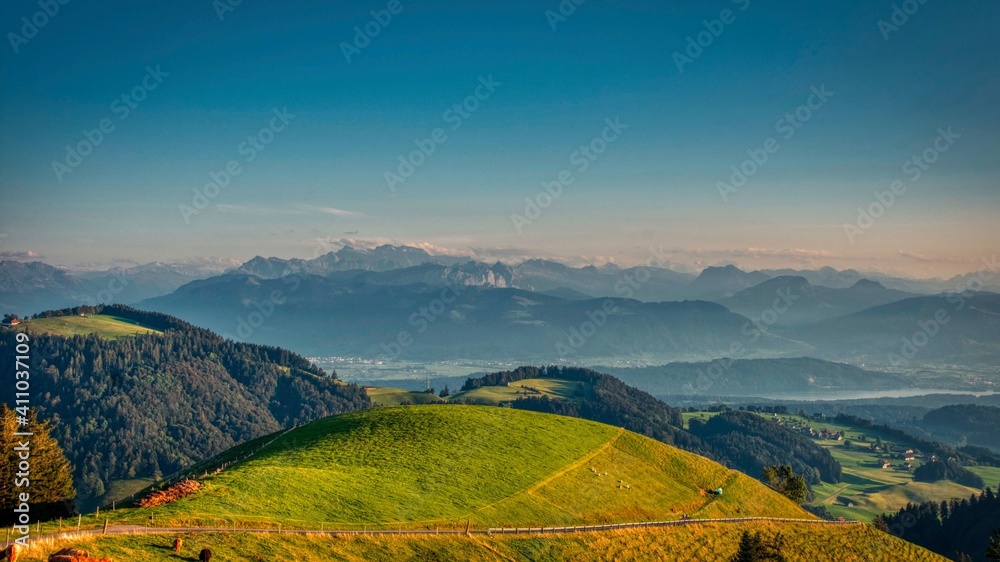 View of Alp Scheidegg and the mountains of Glarus. Picture taken in the Zurich Oberland