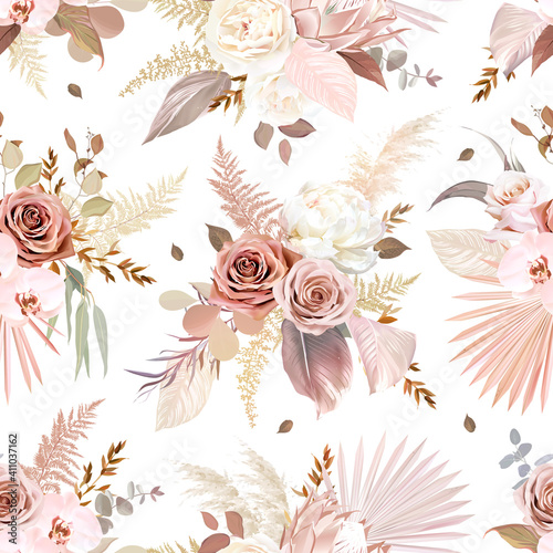 Trendy dried palm leaves, blush pink and rust rose, pale protea, white ranunculus