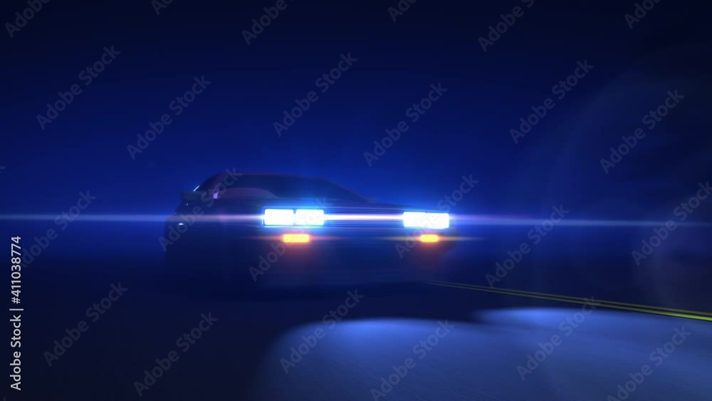 Car driving on highway, autobahn. Midnight drive. Bright glowing car spotlights or headlights, dynamic lens flare effect. Evening, night time. Lights on the road. 3D Render. Seamless loop 4K animation