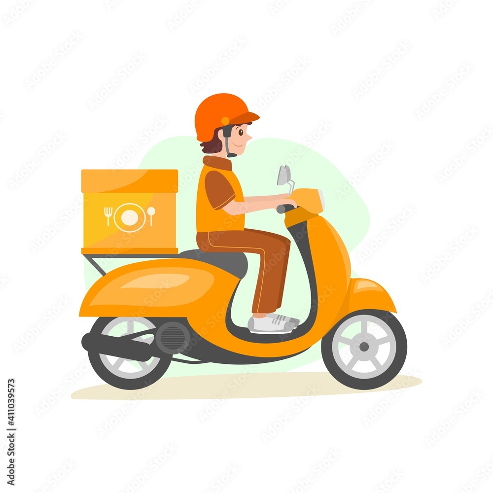 Delivery guy rides a yellow scooter. Food delivery. Colored vector illustration. Delivery guy rides a yellow scooter. Food delivery. Colored vector illustration.