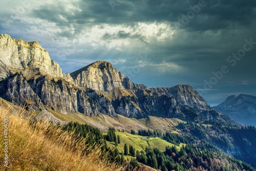 Swiss Alps mountain range by Storm weather, Churfirsten, Chaeserrugg, Hinterrrug, Schiebenstoll in Switzerland photo