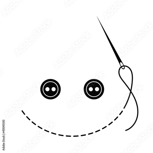 Silhouette of embroidered smile with interrupted contour and sewing buttons (eyes). Vector illustration of handmade work with embroidery thread and needle on white background.	
