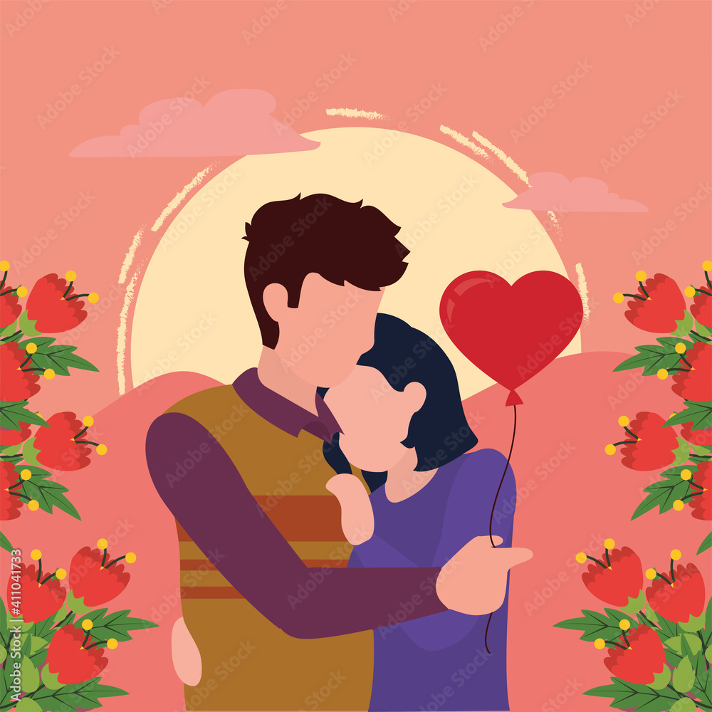 Happy valentines day couple with flowers and heart balloon vector design Happy valentines day couple with flowers and heart balloon vector design