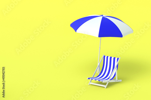 Beach striped chair and umbrella on yellow background. Relaxation, vacation in summer. Summertime rest near pool. Sun protection. Copy space. 3d rendering