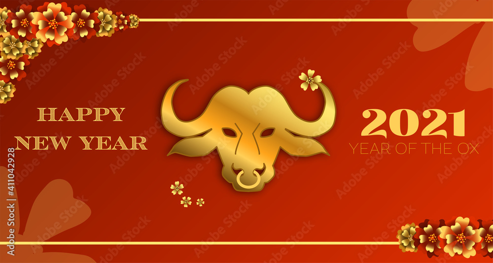 chinesische Glückwunschkarte oder Banner zum Jahreswechsel mit Jahreszahl in gold und rot mit blumigen Ornamenten und einem Ochsen als Grafik