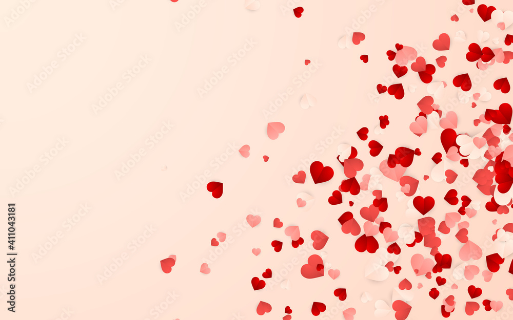 Happy Valentines Day background, paper red, pink and white hearts confetti. Vector illustration