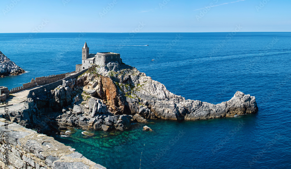 Fototapeta premium Panoramic landscape of San Pietro Church and cliff. Portovenere, Liguria, Italy