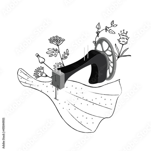 Vector isolated illustration with sewing machine at work, rolls of fabric. Concept clothing, tailoring, repair, atelier, needlework, handmade.