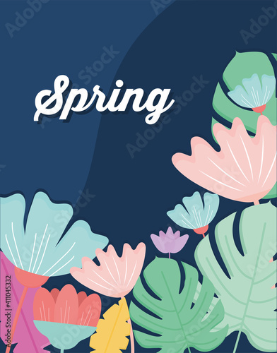lyrics of spring and set of flowers on a blue background