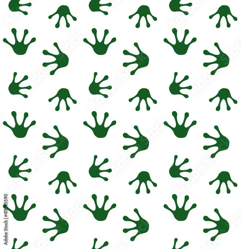 Vector seamless pattern of green hand drawn frog paw footprint isolated on white background
