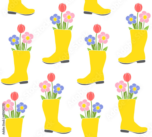 Vector seamless pattern of hand drawn doodle sketch gumboot with flowers isolated on white background