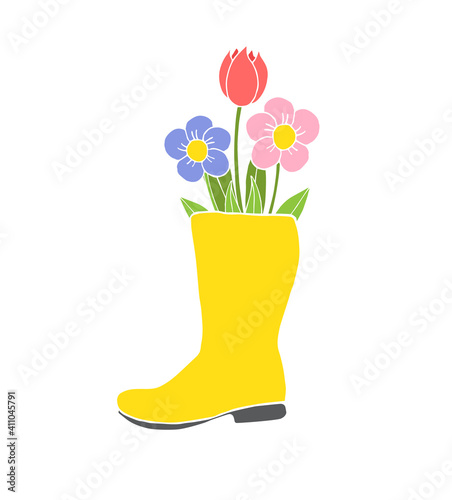 Vector hand drawn doodle sketch yellow gumboot with flowers isolated on white background