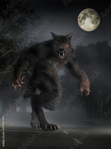 Fotografija The Beast of Bray Road, a werewolf looking cryptid of Wisconsin folklore, stands in the moonlight on the road before you glaring with a menacing look