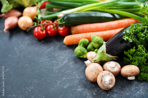 Fresh vegetables like mushrooms, eggplant, carrots and more on a dark gray slate surface, healthy vegetarian food for fitness or slimming diet, copy space, selected focus