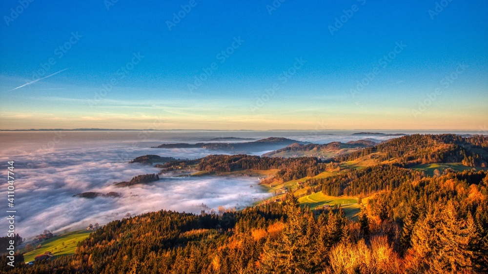 sea and mist of fog at zurich oberland picture taken from Bachtel Tower