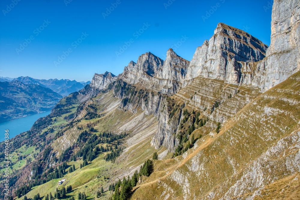 breathtaking view from the churfirsten of the wallensee, hiking trail below the face of the schnuerliweg, switzerland