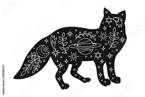 Vector hand drawn fox with boho elements for decoration. Bohemian clipart. Woodland animal