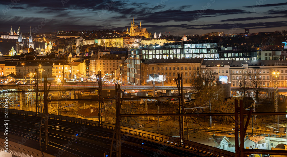 .panoramic view of Prague Castle and St. Vitus Cathedral in the center of Prague colored sky at sunset and clouds in the sky in the Czech Republic