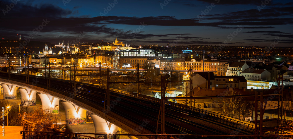.panoramic view of Prague Castle and St. Vitus Cathedral in the center of Prague colored sky at sunset and clouds in the sky in the Czech Republic