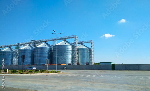 View of modern granaries for storing cereal grains outdoors