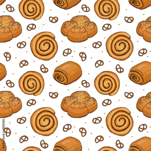 Illustration seamless pattern. Poppy seed buns of different types. Snail, roll, muffin, pretzels on a white background. Simple doodle sketch style.