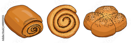 Color illustration of a set of different buns with poppy seeds. Isolated objects on a white background. Simple sketch cute doodle style.