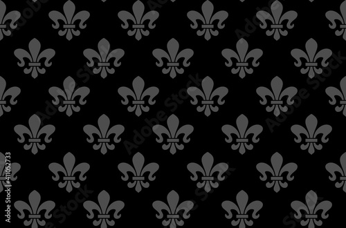 Lilies. Symbol. Seamless patterns. Template for fabric or packaging. Stylish background for postcards. Victorian background. Black and gray. Monochrome.