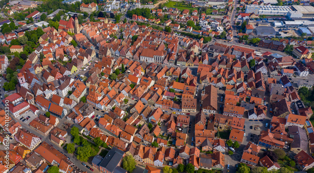 Aerial view of old town of the city Weissenburg in Germany, Bavaria on a spring noon.	