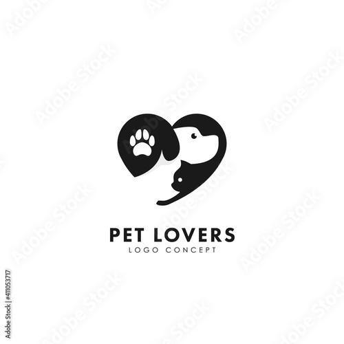The shape of a dog and a cat forming love, Pet Lovers   Logo Design Symbol Template Flat Style Vector Illustration	 photo