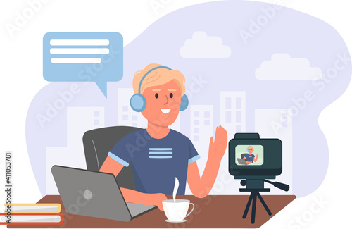 A young male freelancer records a lesson on camera, training for a blog, an online school, a channel, an online lesson. Vector graphics