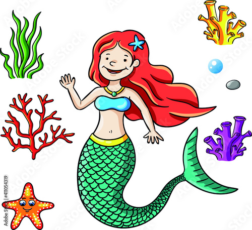 Vector illustration of mermaid with several corals and sea life