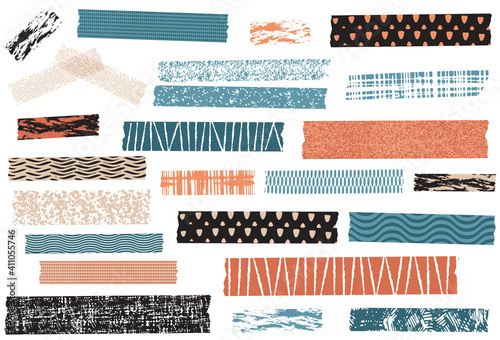 Textured washi tape strips. Set of masking tape, adhesive strips or stickers. EPS file has global colors for easy color changes and semitransparent tape strips.