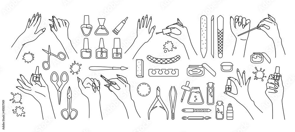 Obraz premium Manicured hands and manicure tools black line set. Female hands, polishing nails, nail polish, file, tweezers hand cream, scissors. Equipment manicure design elements beauty and fashion stylish vector