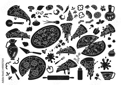 Pizza cartoon black glyph set. Italian hand drawn pizzas with greens, pepper, tomato, olive cheese. Margarita and hawaiian, pepperoni or seafood mexican. Pizza pieces and ingredients vector collection