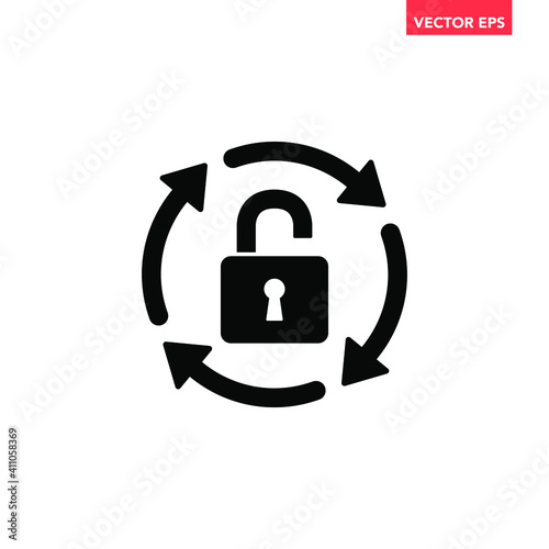 Black round lock reload icon, simple secure key protection flat design vector pictogram, infographic vector for app logo web website button banner ui ux interface elements isolated on white background