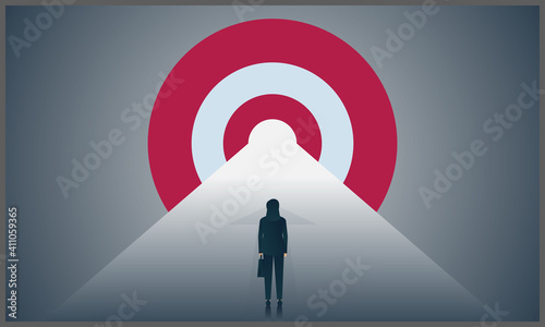 
vector illustration of business success goals and corporation strategy to succeed as afinancial wealth concept and pathway to profit with woman business standing with carrying bags on the road to the