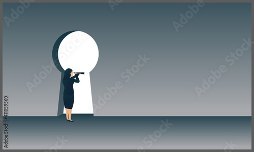 
vector illustration of business vision and solution concept with business woman looking through keyhole, symbol of innovation and success