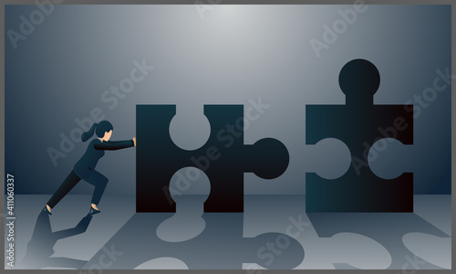 
vector illustration of confident strong motivated business woman connecting elements of success puzzle, business woman encourages puzzel to connect it with gray background