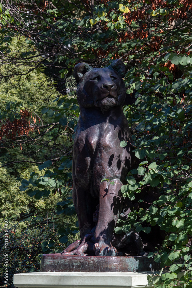 Odessa, Ukraine 15.09.2020. Spring flowering trees in the city garden of Odessa, Ukraine, Odessa city garden, lion statue in the park Odessa, Ukraine 15.09.2020. Spring flowering trees in the city garden of Odessa, Ukraine, Odessa city garden, lion statue in the park