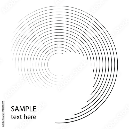 Black triangle lines in abstract spiral form. Vector illustration. Design element for technology round logo, striped border frame, tattoo, prints, monochrome pattern and abstract background